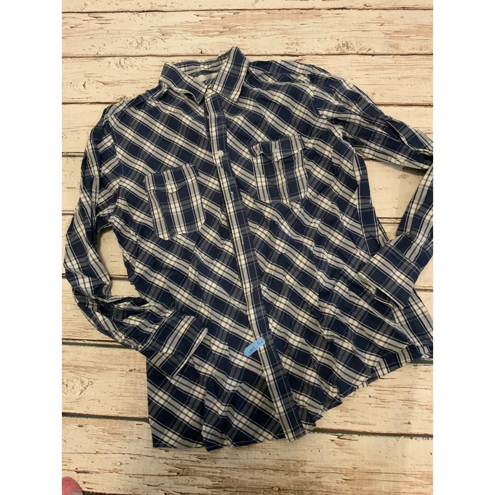 Paper Denim & Cloth Mens Large Navy White Plaid Button Down Shirt L Long Sleeve